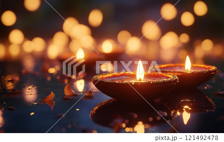 Diwali celebration -  Indian festival of lights, traditional diya lamp with flame, on beautiful defocused background 121492478