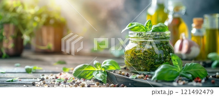 Green pesto sauce in glass jar on rustic background with copyspace for your text 121492479