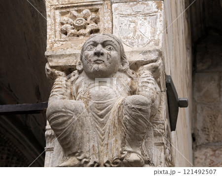San Zeno Basilica Church in Verona Italy, detail of exterior sculptures and bas relief 121492507