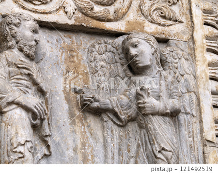 San Zeno Basilica Church in Verona Italy, detail of exterior sculptures and bas relief 121492519