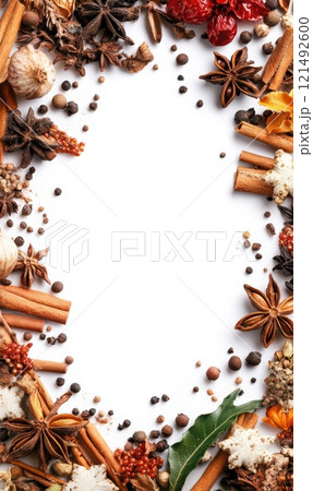 Assortment of spices frame on white background. Spicy cooking concept. 121492600
