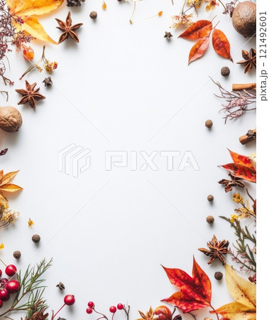 Assortment of spices frame on white background. Spicy cooking concept. 121492601