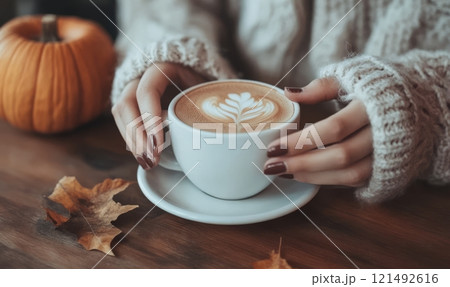 Latte coffee in woman hands, cozy autumn or winter concept 121492616