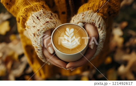 Latte coffee in woman hands, cozy autumn or winter concept 121492617
