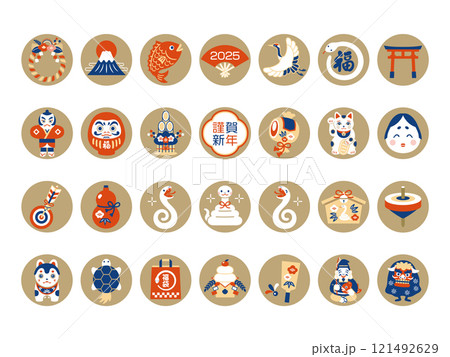 巳年とお正月の縁起物イラストセット 121492629