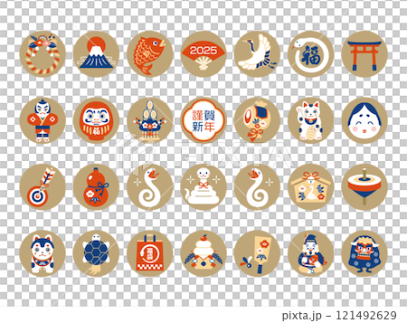 巳年とお正月の縁起物イラストセット 121492629