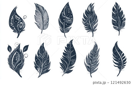 Boho style, set of ornamental feathers for your designs 121492630