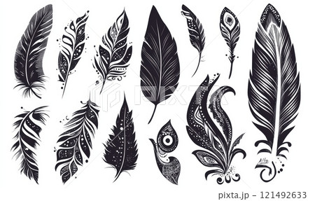 Boho style, set of ornamental feathers for your designs 121492633