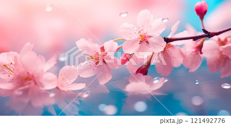 background with whimsical cherry blossoms falling gently, creating a serene and magical setting. 121492776