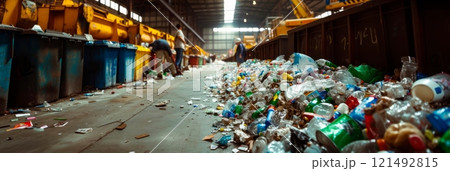 recycling center with people sorting recyclables, promoting waste reduction and sustainable waste management practices recycling center with people sorting recyclables, promoting waste reduction and sustainable waste management practices 121492815
