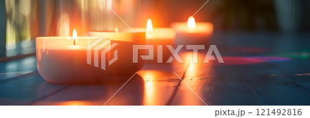 scented candles in calming white fragrances to create a soothing atmosphere at home. scented candles in calming white fragrances to create a soothing atmosphere at home. 121492816