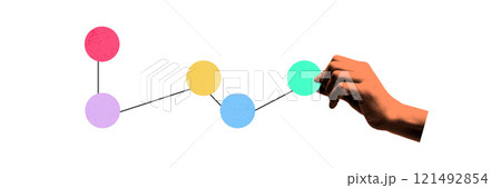 Conceptual image of hand connecting colorful nodes in network diagram, representing teamwork, collaboration, and strategic connections 121492854