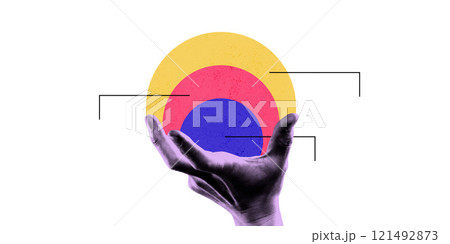 hand holding concentric colorful circles with lines pointing to them, representing focus, strategy, and layered approach in business and analytics. 121492873