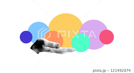 conceptual illustration of open hand holding multiple colorful circles, symbolizing creativity, innovation, and collaboration 121492874