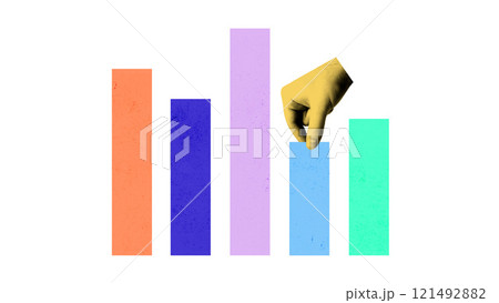 Conceptual illustration of bar graph in vibrant colors, with hand adjusting one of the bars Conceptual illustration of bar graph in vibrant colors, with hand adjusting one of the bars 121492882