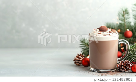 Warm hot chocolate in a clear glass mug, layered with cream and chocolate syrup, festive atmosphere 121492903