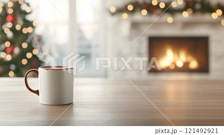 Hot chocolate in a holiday-themed mug, steam rising, set near a glowing fireplace Hot chocolate in a holiday-themed mug, steam rising, set near a glowing fireplace 121492921