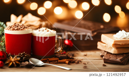Hot chocolate with frothy milk, served in a glass mug with a spoon beside, minimalist style 121492957