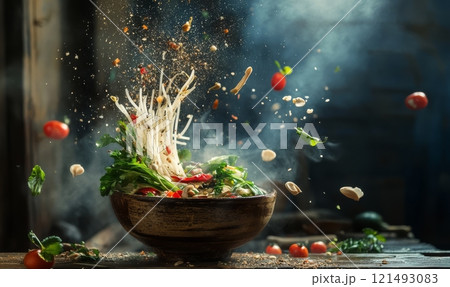 Pho bo soup with flying ingredients on rustic background Pho bo soup with flying ingredients on rustic background 121493083