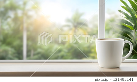 Steaming cup of milk on a windowsill, natural light streaming in, serene and warm ambiance 121493141