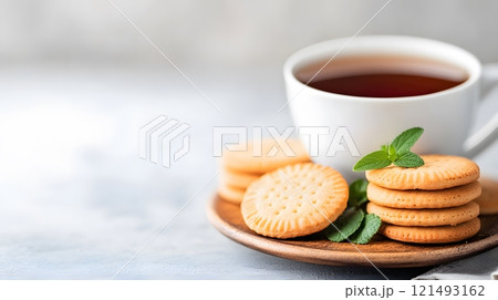 Warm tea served in a classic teacup, paired with fresh herbs and a small plate of biscuits Warm tea served in a classic teacup, paired with fresh herbs and a small plate of biscuits 121493162