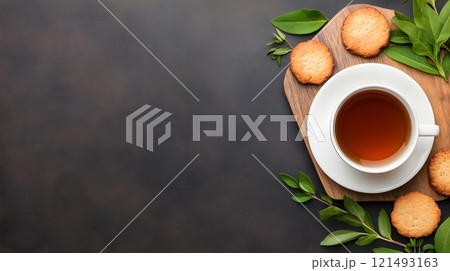 Warm tea served in a classic teacup, paired with fresh herbs and a small plate of biscuits Warm tea served in a classic teacup, paired with fresh herbs and a small plate of biscuits 121493163