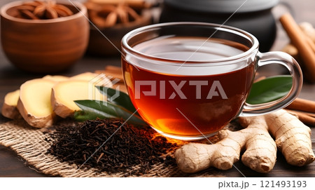 Hot tea in a transparent cup, paired with fresh ginger slices and a dash of honey 121493193