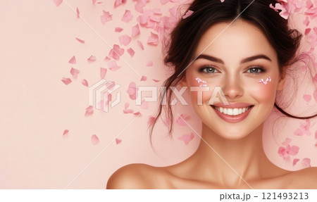 Fashionable elegant smiling woman on light pink background with flying confetti 121493213
