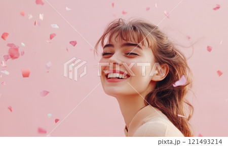 Fashionable elegant smiling woman on light pink background with flying confetti 121493214