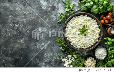 Cottage cheese in bowl on rustic background 121493254