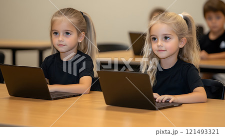 Students using technology to enhance their learning in a classroom 121493321