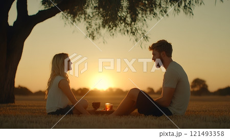 A young couple enjoying a scenic picnic in the Australian outback on Australia Day 121493358