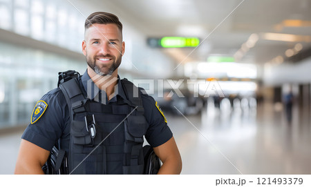 A customs officer in uniform checking bags and luggage at an airport 121493379