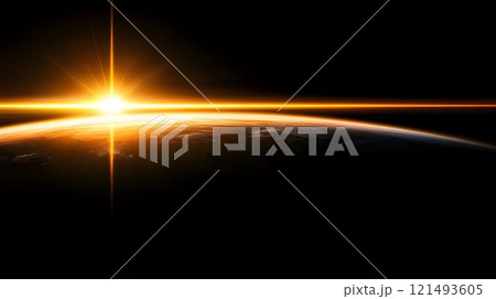 Rotating Earth with sunrise casting light on continents, clouds visible 121493605