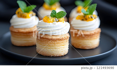 A dessert plate with quark tartlets topped with passion fruit and mint A dessert plate with quark tartlets topped with passion fruit and mint 121493690