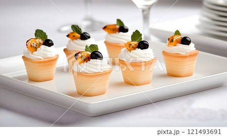 A dessert plate with quark tartlets topped with passion fruit and mint 121493691
