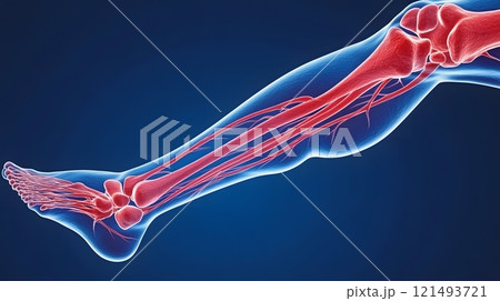 Close-up of a swollen leg with a visible blood clot, showing blocked veins and reduced circulation in vibrant colors for clarity 121493721
