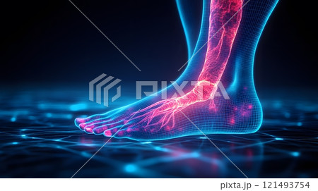 Blood clot causing swelling in the leg, visualizing the affected areas and obstruction in a 3D model with realistic veins 121493754