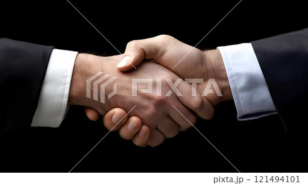 Team of businessmen negotiating a deal, shaking hands at the end of a productive meeting 121494101