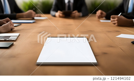 Team of businessmen negotiating a deal, shaking hands at the end of a productive meeting 121494102