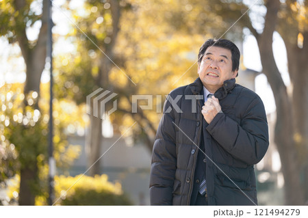 秋冬の紅葉の木枯らしの中コートを着た寒いシニアのビジネスマン	 121494279