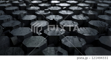 Matte black geometric forms with subtle texture, arranged in an impossible pattern, 3D Matte black geometric forms with subtle texture, arranged in an impossible pattern, 3D 121494331