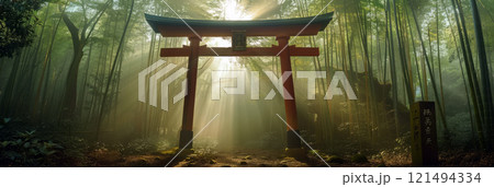 Golden Shinto torii gate in the midst of a misty bamboo forest, rays of light piercing through Golden Shinto torii gate in the midst of a misty bamboo forest, rays of light piercing through 121494334