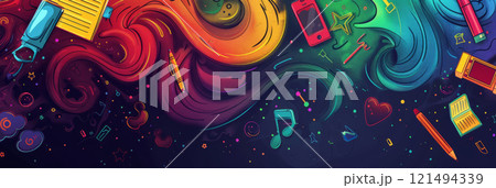 Dynamic abstract background with a gradient of shiny school colors and flowing energetic patterns, school items, themed back to school. Dynamic abstract background with a gradient of shiny school colors and flowing energetic patterns, school items, themed back to school. 121494339