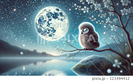 no.0169 濃霧の夜 月に泊まるフクロウ 一点物