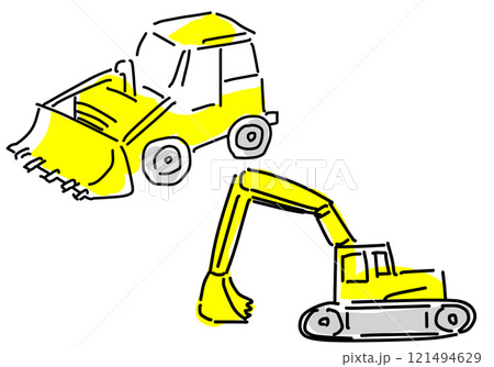 ショベルカーとブルドーザーの手描き線画 121494629