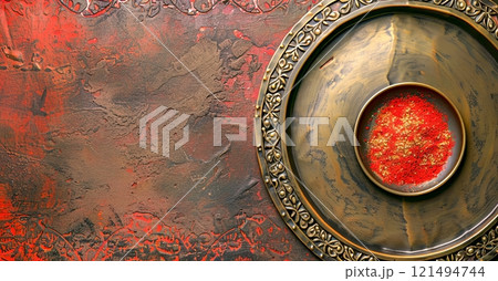 A weathered, textured red surface, adorned with faint floral patterns, showcases an ornate brass thali containing vibrant red kumkum powder, evoking a sense of tradition and spirituality. 121494744