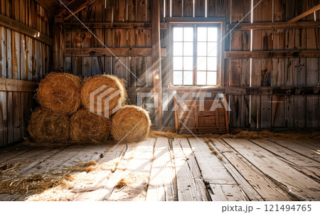 Sunlight streams through a window, casting rays of light across hay bales and a wooden floor in an old barn. 121494765