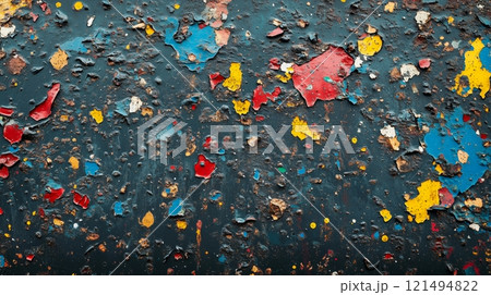 A weathered metal surface covered in peeling paint, showcasing a vibrant array of colors. A weathered metal surface covered in peeling paint, showcasing a vibrant array of colors. 121494822