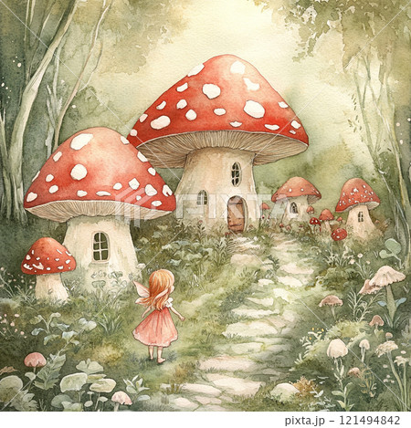 森の中のキノコの家と妖精の少女のイラスト素材 [121494842] - PIXTA